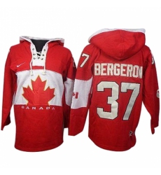 Men's Nike Team Canada #37 Patrice Bergeron Premier Red Sawyer Hooded Sweatshirt Hockey Jersey