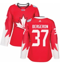 Women's Adidas Team Canada #37 Patrice Bergeron Authentic Red Away 2016 World Cup Hockey Jersey