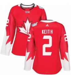 Women's Adidas Team Canada #2 Duncan Keith Authentic Red Away 2016 World Cup Hockey Jersey