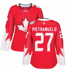 Women's Adidas Team Canada #27 Alex Pietrangelo Authentic Red Away 2016 World Cup Hockey Jersey