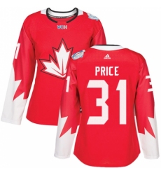 Women's Adidas Team Canada #31 Carey Price Authentic Red Away 2016 World Cup Hockey Jersey