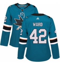 Women's Adidas San Jose Sharks #42 Joel Ward Authentic Teal Green Home NHL Jersey