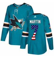 Men's Adidas San Jose Sharks #7 Paul Martin Authentic Teal Green USA Flag Fashion NHL Jersey