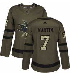Women's Adidas San Jose Sharks #7 Paul Martin Authentic Green Salute to Service NHL Jersey