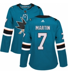 Women's Adidas San Jose Sharks #7 Paul Martin Authentic Teal Green Home NHL Jersey