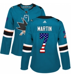 Women's Adidas San Jose Sharks #7 Paul Martin Authentic Teal Green USA Flag Fashion NHL Jersey