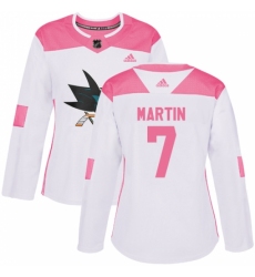Women's Adidas San Jose Sharks #7 Paul Martin Authentic White/Pink Fashion NHL Jersey