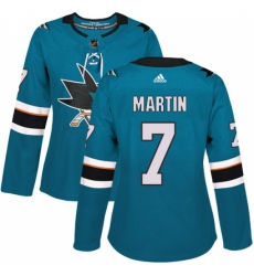 Women's Adidas San Jose Sharks #7 Paul Martin Premier Teal Green Home NHL Jersey