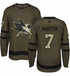Youth Adidas San Jose Sharks #7 Paul Martin Authentic Green Salute to Service NHL Jersey