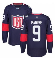 Men's Adidas Team USA #9 Zach Parise Authentic Navy Blue Away 2016 World Cup Ice Hockey Jersey