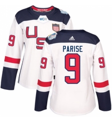 Women's Adidas Team USA #9 Zach Parise Authentic White Home 2016 World Cup Hockey Jersey