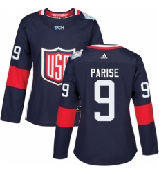 Women's Adidas Team USA #9 Zach Parise Premier Navy Blue Away 2016 World Cup Hockey Jersey
