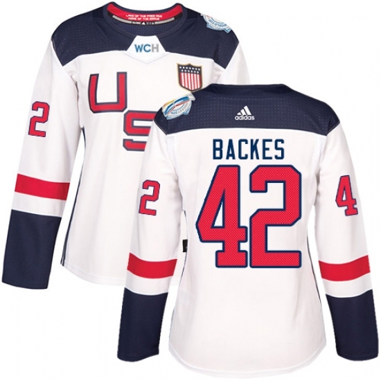 Women's Adidas Team USA #42 David Backes Authentic White Home 2016 World Cup Hockey Jersey Women's Adidas Team USA #42 David Backes Authentic White Home 2016 World Cup Hockey Jersey