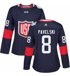 Women's Adidas Team USA #8 Joe Pavelski Authentic Navy Blue Away 2016 World Cup Hockey Jersey