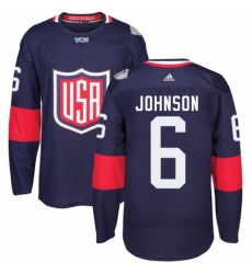 Men's Adidas Team USA #6 Erik Johnson Authentic Navy Blue Away 2016 World Cup Ice Hockey Jersey