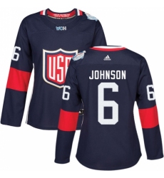 Women's Adidas Team USA #6 Erik Johnson Authentic Navy Blue Away 2016 World Cup Hockey Jersey