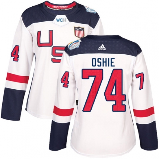 Women's Adidas Team USA #74 T. J. Oshie Authentic White Home 2016 World Cup Hockey Jersey Women's Adidas Team USA #74 T. J. Oshie Authentic White Home 2016 World Cup Hockey Jersey