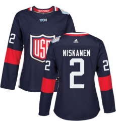 Women's Adidas Team USA #2 Matt Niskanen Premier Navy Blue Away 2016 World Cup Hockey Jersey