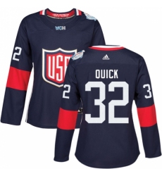 Women's Adidas Team USA #32 Jonathan Quick Authentic Navy Blue Away 2016 World Cup Hockey Jersey