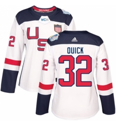 Women's Adidas Team USA #32 Jonathan Quick Authentic White Home 2016 World Cup Hockey Jersey