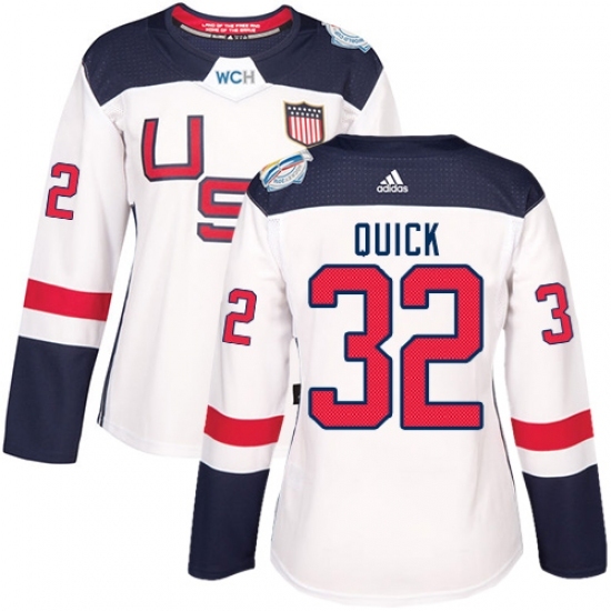 Women's Adidas Team USA #32 Jonathan Quick Authentic White Home 2016 World Cup Hockey Jersey Women's Adidas Team USA #32 Jonathan Quick Authentic White Home 2016 World Cup Hockey Jersey