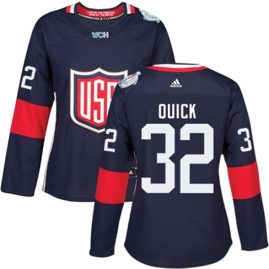 Women's Adidas Team USA #32 Jonathan Quick Premier Navy Blue Away 2016 World Cup Hockey Jersey Women's Adidas Team USA #32 Jonathan Quick Premier Navy Blue Away 2016 World Cup Hockey Jersey