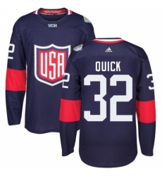 Youth Adidas Team USA #32 Jonathan Quick Authentic Navy Blue Away 2016 World Cup Ice Hockey Jersey