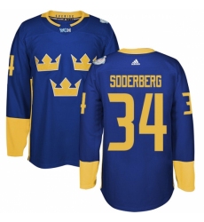 Men's Adidas Team Sweden #34 Carl Soderberg Authentic Royal Blue Away 2016 World Cup of Hockey Jersey