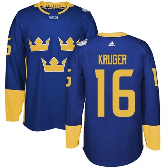 Men's Adidas Team Sweden #16 Marcus Kruger Authentic Royal Blue Away 2016 World Cup of Hockey Jersey Men's Adidas Team Sweden #16 Marcus Kruger Authentic Royal Blue Away 2016 World Cup of Hockey Jersey