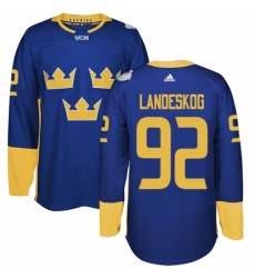 Men's Adidas Team Sweden #92 Gabriel Landeskog Authentic Royal Blue Away 2016 World Cup of Hockey Jersey