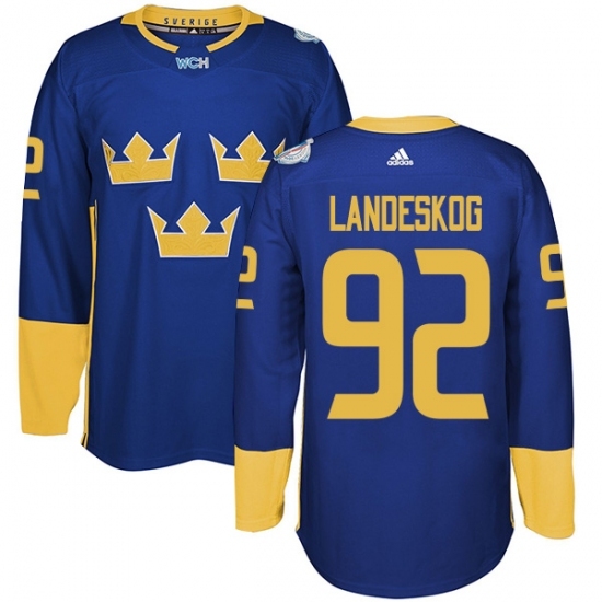 Men's Adidas Team Sweden #92 Gabriel Landeskog Authentic Royal Blue Away 2016 World Cup of Hockey Jersey Men's Adidas Team Sweden #92 Gabriel Landeskog Authentic Royal Blue Away 2016 World Cup of Hockey Jersey