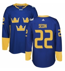 Men's Adidas Team Sweden #22 Daniel Sedin Premier Royal Blue Away 2016 World Cup of Hockey Jersey