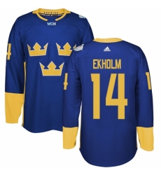 Men's Adidas Team Sweden #14 Mattias Ekholm Premier Royal Blue Away 2016 World Cup of Hockey Jersey