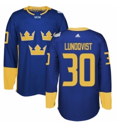 Men's Adidas Team Sweden #30 Henrik Lundqvist Authentic Royal Blue Away 2016 World Cup of Hockey Jersey