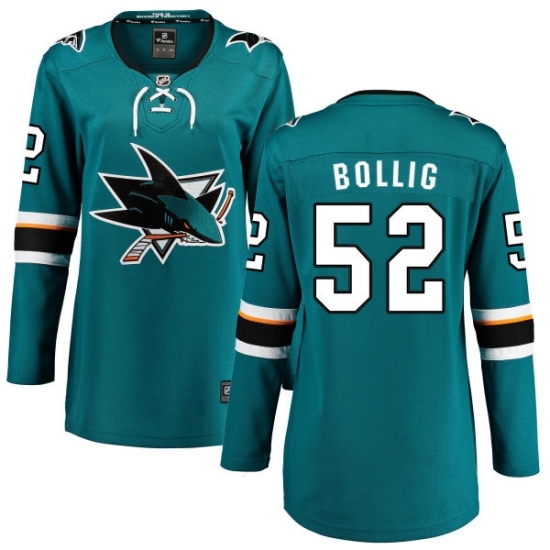 Women's San Jose Sharks #52 Brandon Bollig Fanatics Branded Teal Green Home Breakaway NHL Jersey Women's San Jose Sharks #52 Brandon Bollig Fanatics Branded Teal Green Home Breakaway NHL Jersey
