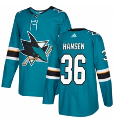 Men's Adidas San Jose Sharks #36 Jannik Hansen Authentic Teal Green Home NHL Jersey
