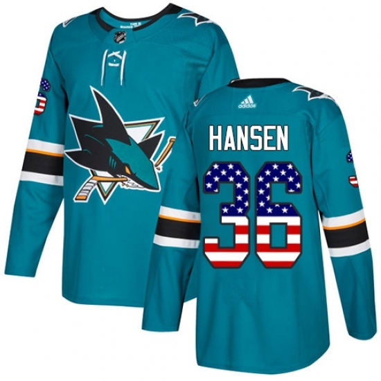 Men's Adidas San Jose Sharks #36 Jannik Hansen Authentic Teal Green USA Flag Fashion NHL Jersey Men's Adidas San Jose Sharks #36 Jannik Hansen Authentic Teal Green USA Flag Fashion NHL Jersey
