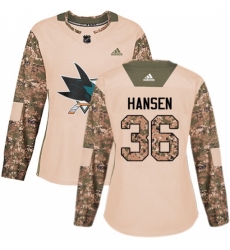 Women's Adidas San Jose Sharks #36 Jannik Hansen Authentic Camo Veterans Day Practice NHL Jersey