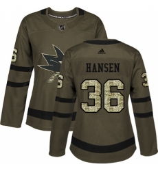 Women's Adidas San Jose Sharks #36 Jannik Hansen Authentic Green Salute to Service NHL Jersey