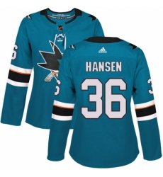 Women's Adidas San Jose Sharks #36 Jannik Hansen Authentic Teal Green Home NHL Jersey