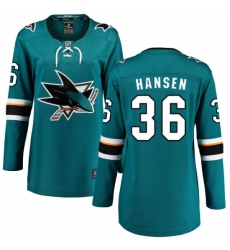 Women's San Jose Sharks #36 Jannik Hansen Fanatics Branded Teal Green Home Breakaway NHL Jersey