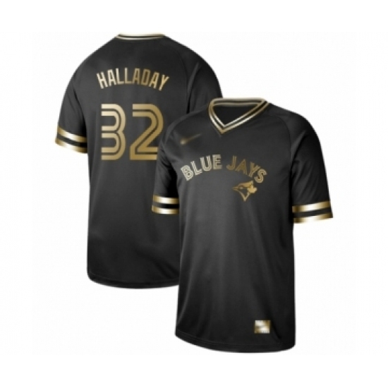 Men's Toronto Blue Jays #32 Roy Halladay Authentic Black Gold Fashion Baseball Jersey Men's Toronto Blue Jays #32 Roy Halladay Authentic Black Gold Fashion Baseball Jersey