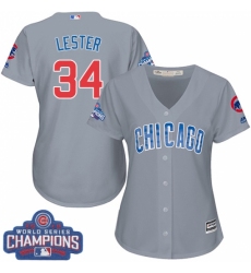 Women's Majestic Chicago Cubs #34 Jon Lester Authentic Grey Road 2016 World Series Champions Cool Base MLB Jersey