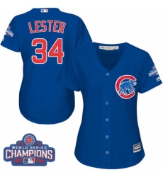 Women's Majestic Chicago Cubs #34 Jon Lester Authentic Royal Blue Alternate 2016 World Series Champions Cool Base MLB Jersey