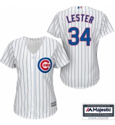 Women's Majestic Chicago Cubs #34 Jon Lester Replica White/Blue Strip Fashion MLB Jersey