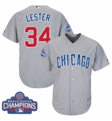 Youth Majestic Chicago Cubs #34 Jon Lester Authentic Grey Road 2016 World Series Champions Cool Base MLB Jersey