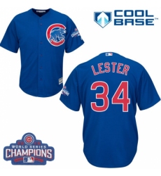 Youth Majestic Chicago Cubs #34 Jon Lester Authentic Royal Blue Alternate 2016 World Series Champions Cool Base MLB Jersey