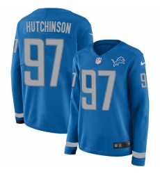 Women's Nike Detroit Lions #97 Aidan Hutchinson Blue Team Color Stitched NFL Limited Therma Long Sleeve Jersey