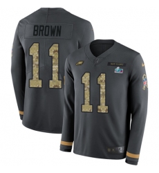 Men's Nike Philadelphia Eagles #11 A.J. Brown Anthracite Salute to Service Super Bowl LVII Patch Stitched NFL Limited Therma Long Sleeve Jersey