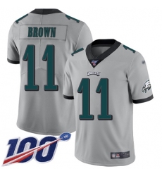 Men's Nike Philadelphia Eagles #11 A.J. Brown Silver Stitched NFL Limited Inverted Legend 100th Season Jersey